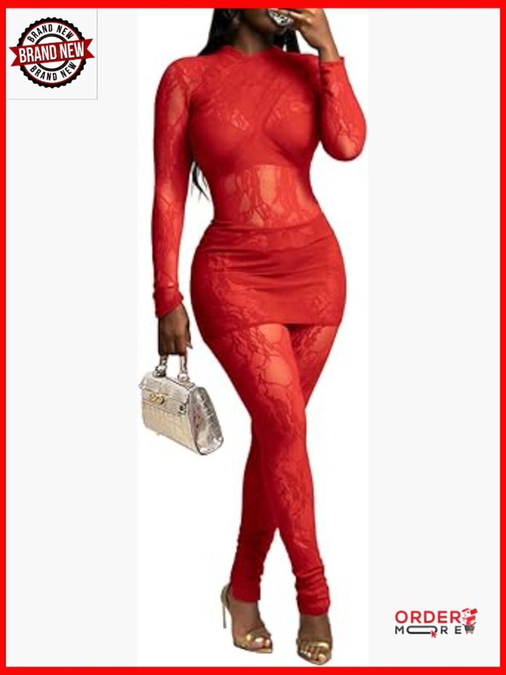 Sexy Floral Lace Sheer Mesh Long Sleeve Top and Bodycon Pants Set